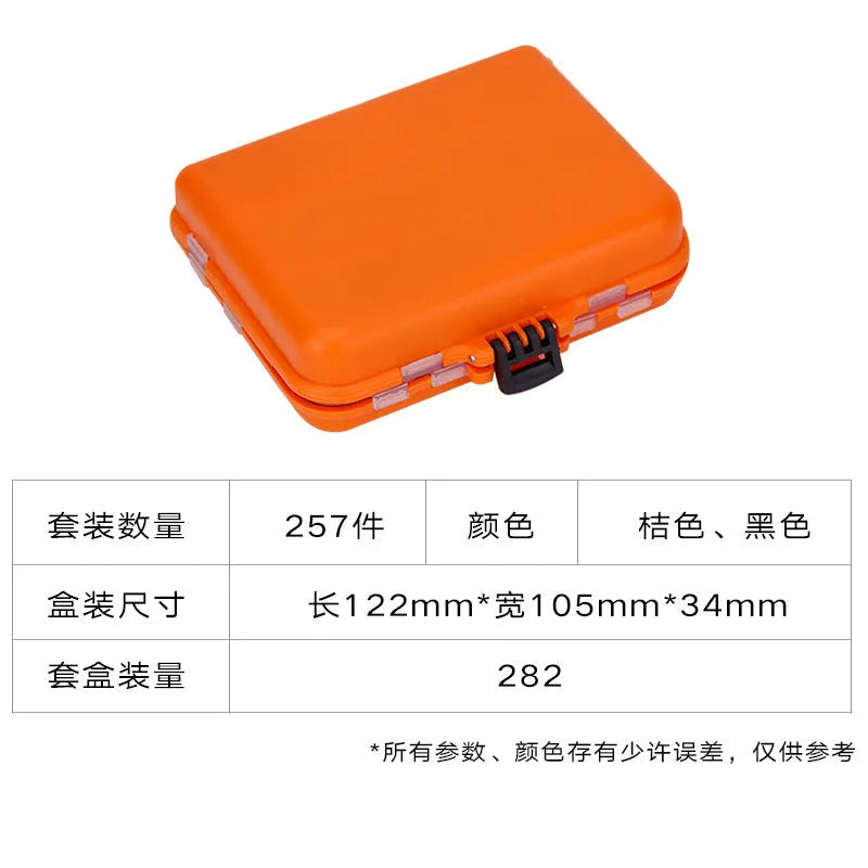 Weihe 257-piece fishing lure accessories set in an orange or black ABS plastic tackle box.