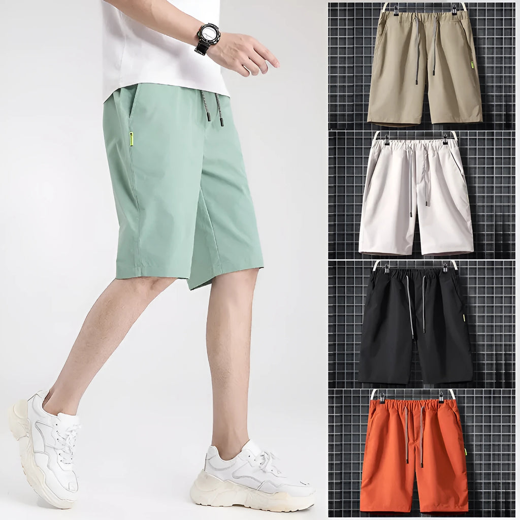 Men's polyester five-point shorts in army green, straight leg, mid-waist