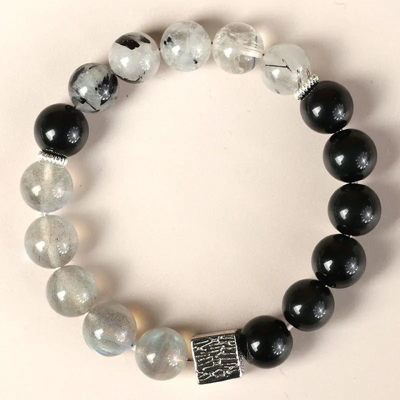 Khaki crystal couple bracelet with geometric shape and Chinese style elements