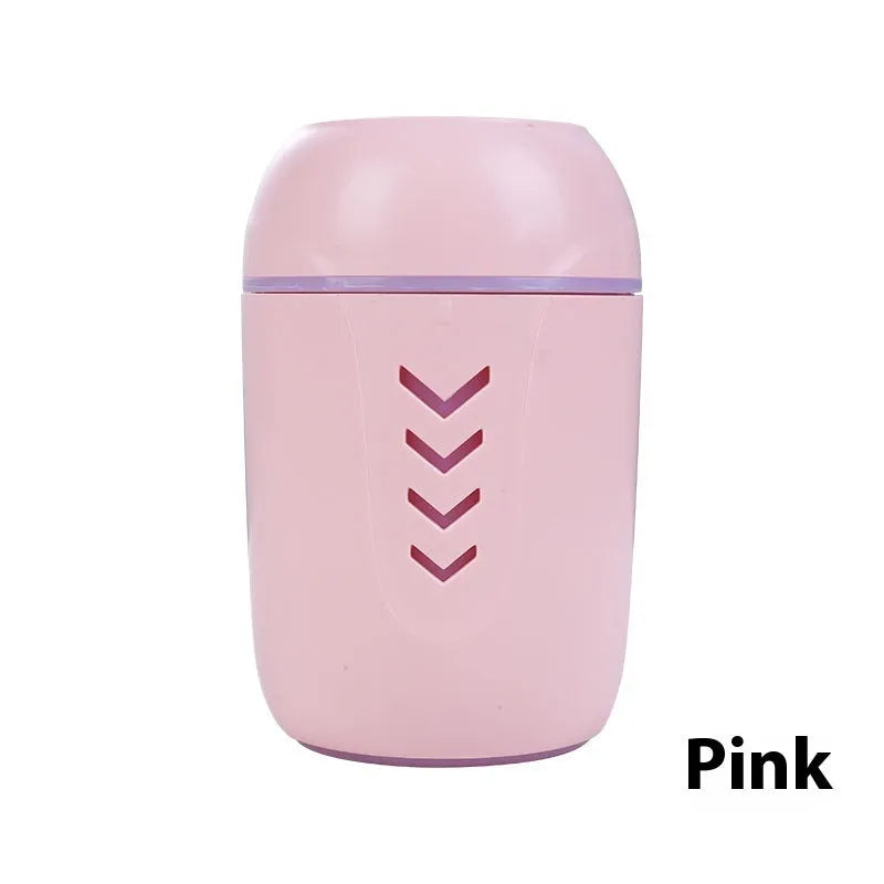 Round white portable air purifier with USB cable on a car dashboard