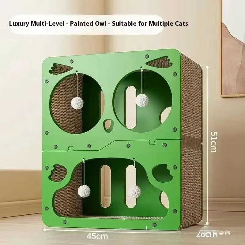 Double layer cat scratching board with integrated nest in owl and cat head design styles