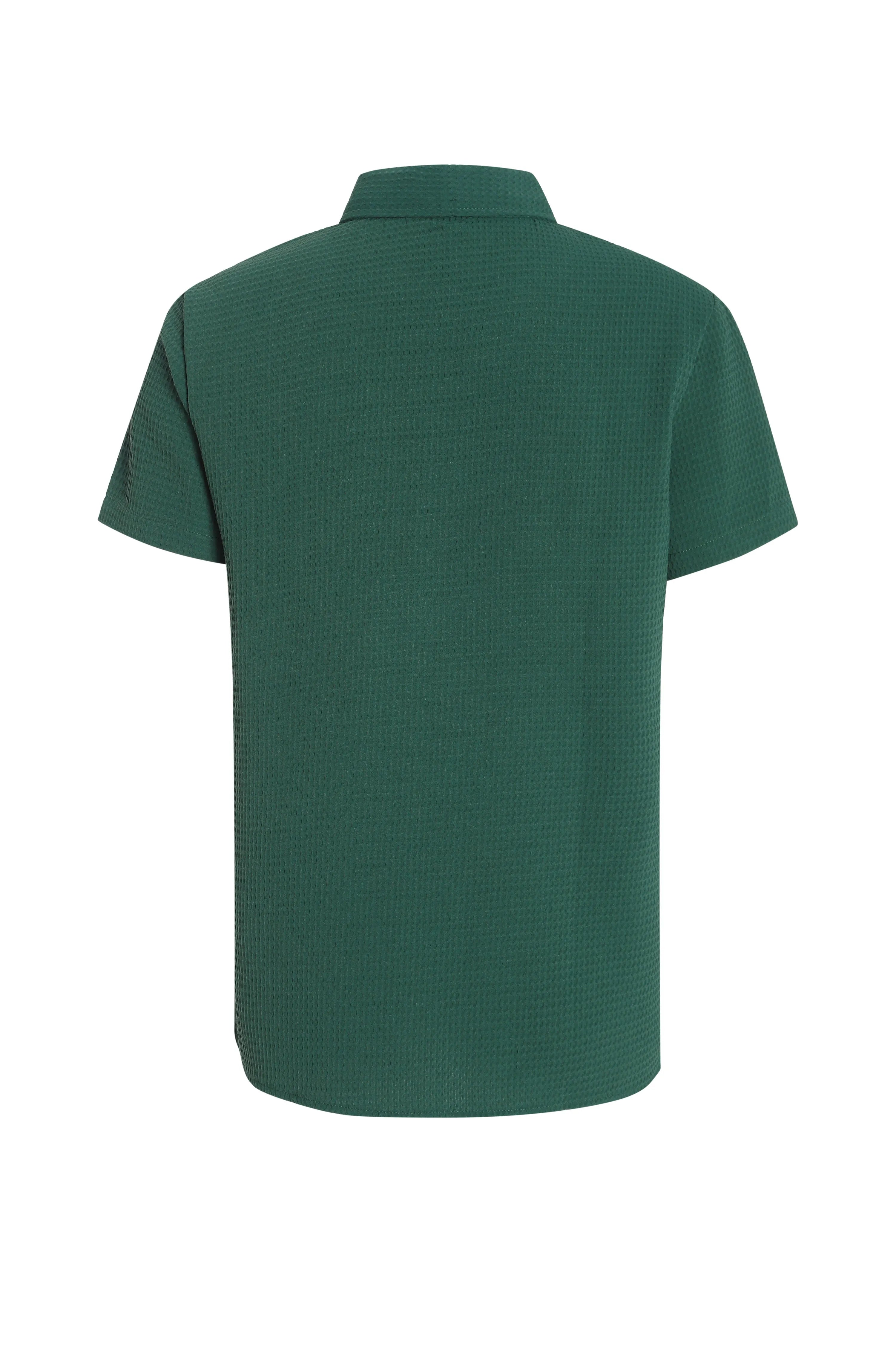 Retro waffle pattern dark green lapel Polo shirt with short sleeves and two metallic buttons