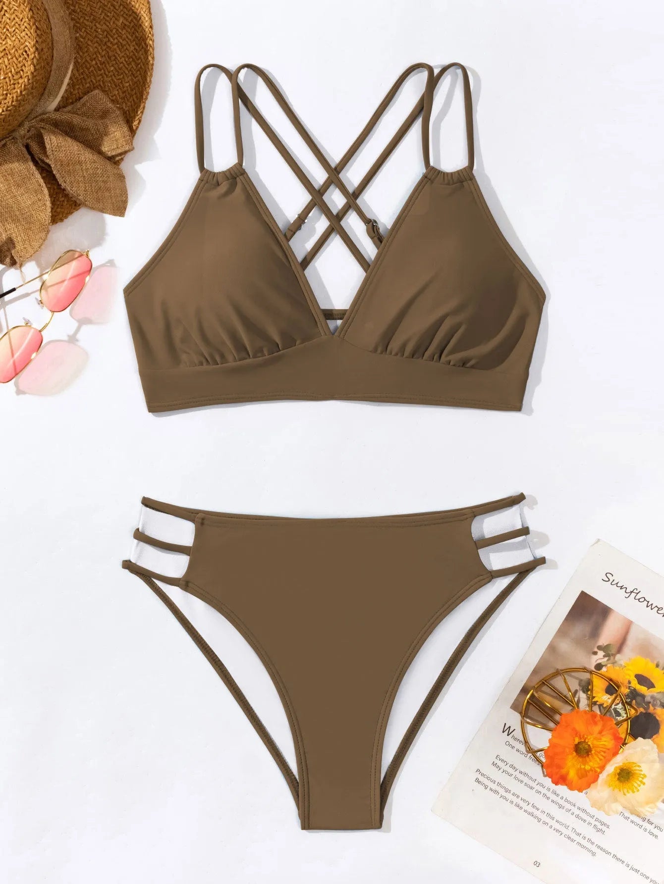 Women's black halter neck V-neck bikini swimsuit with split-style bottoms