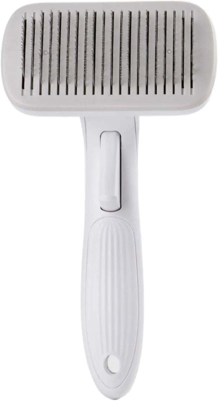 Automatic pet grooming comb for dogs and cats on a blue background.