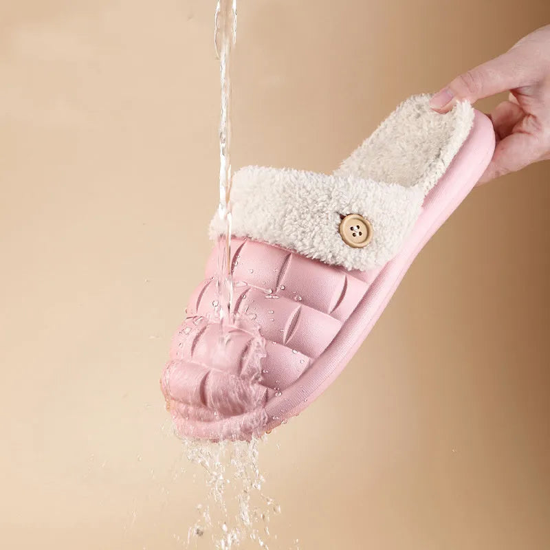 Plaid pattern detachable slippers with EVA sole and plush lining, shown in pink colour.