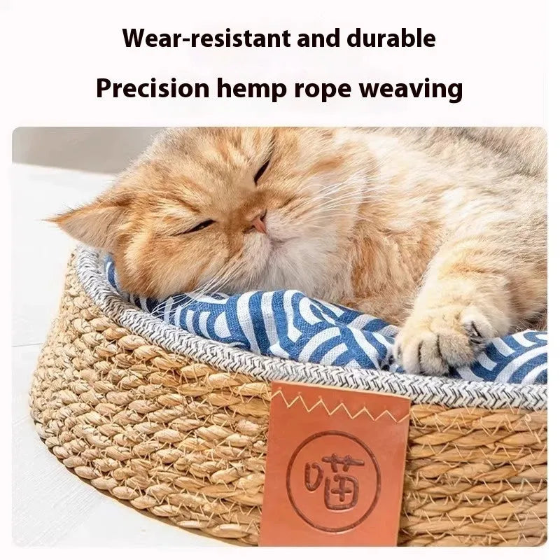 Rattan cat bed with natural open weave construction in four available sizes