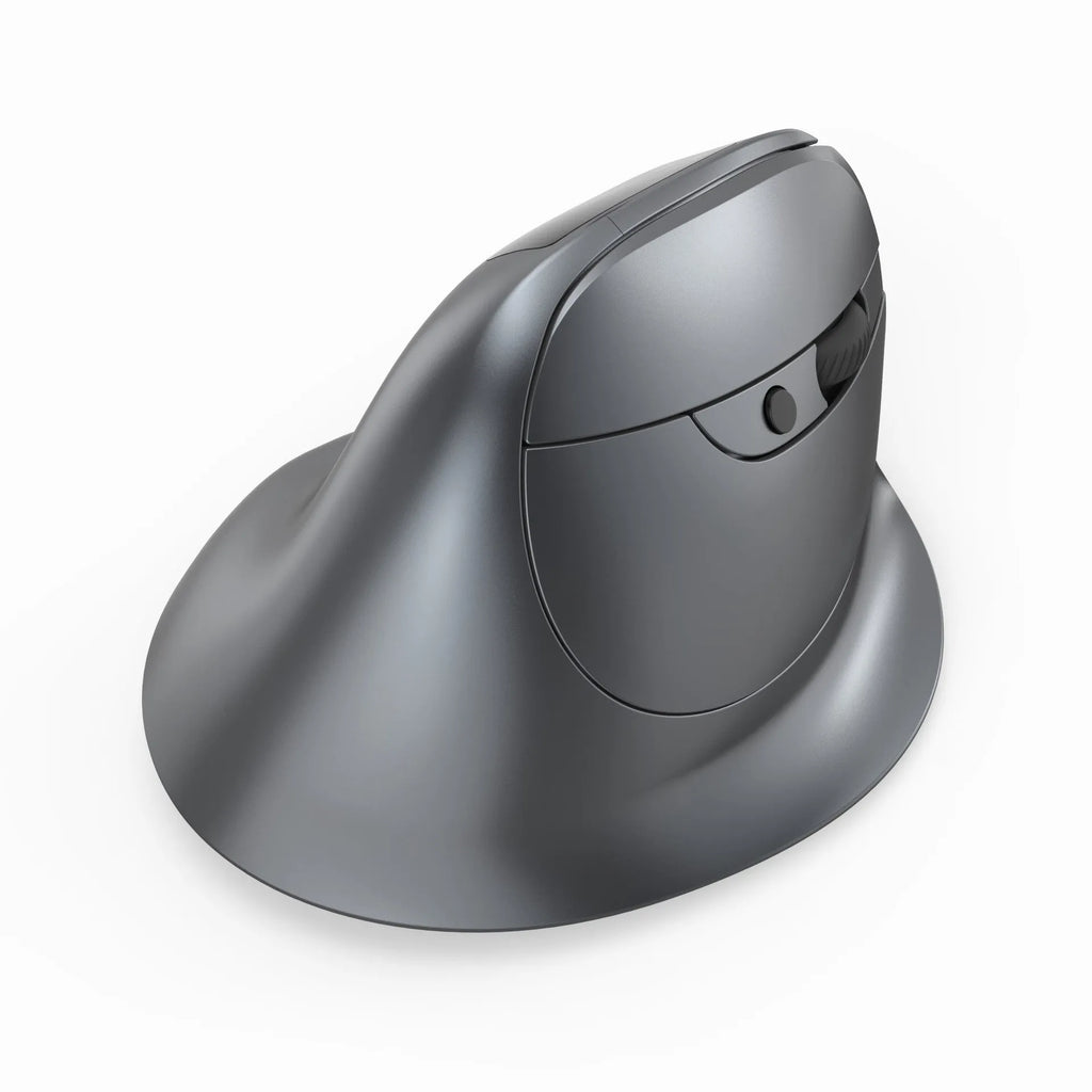 Grey Bluetooth vertical mouse with handheld grip design and wireless charging capability