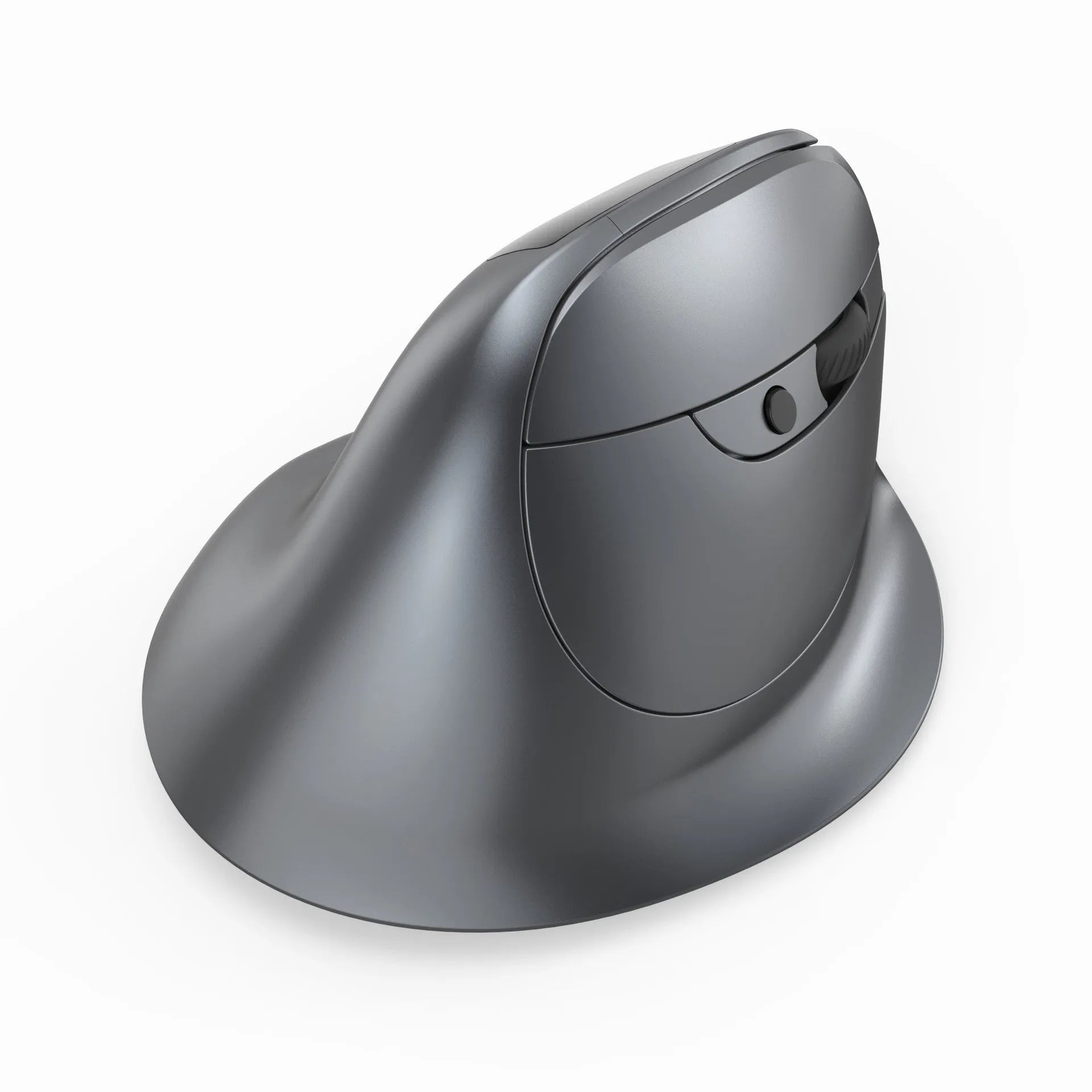 Grey Bluetooth vertical mouse with handheld grip design and wireless charging capability