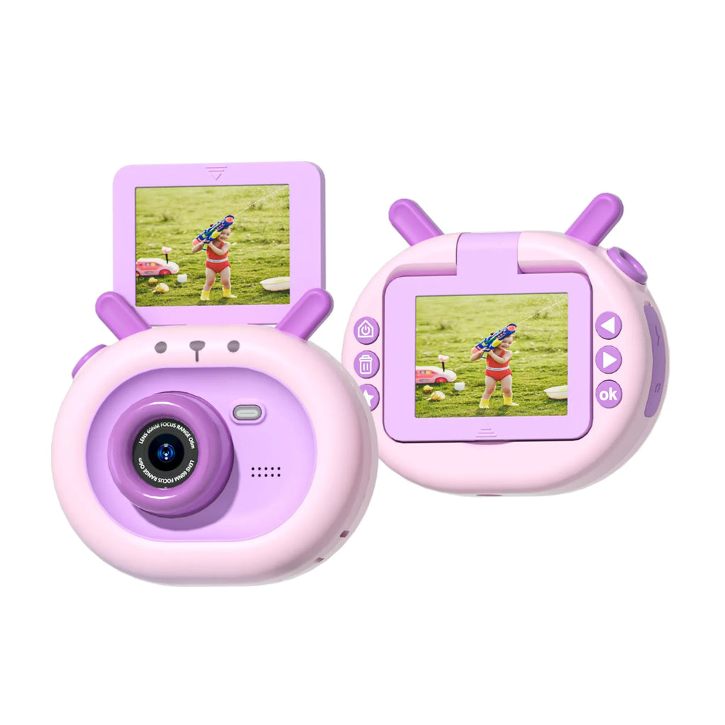 Purple and dark green children's digital camera with flip screen, silicone case, and lanyard
