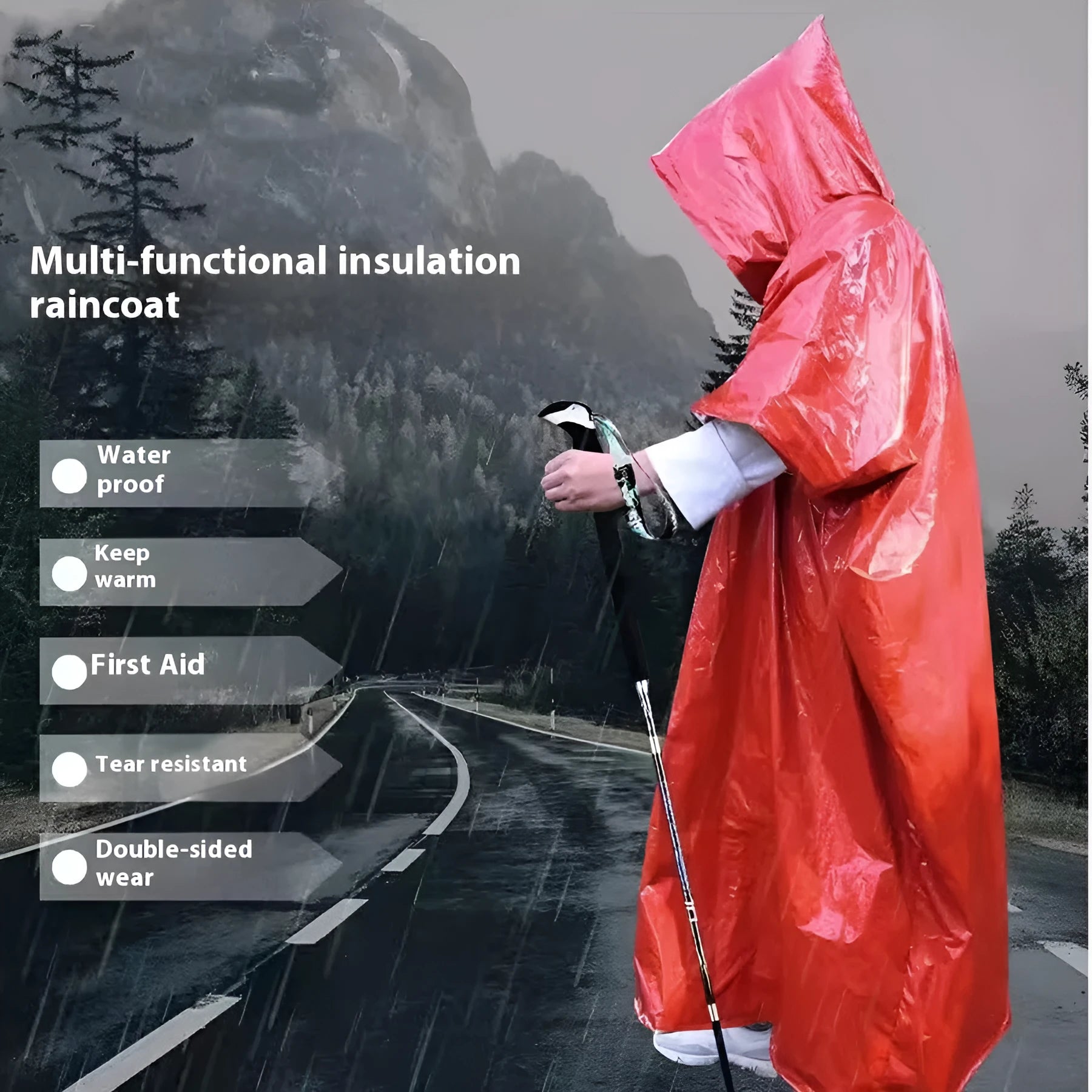 Orange and army green marathon raincoat showing 100x130cm dimensions for cross-country use