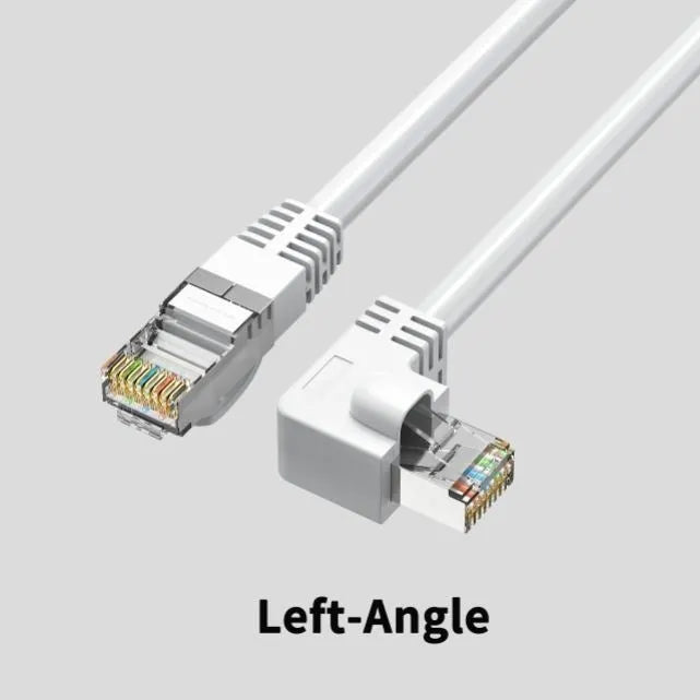 Cat6 Ethernet cable with right-angle RJ45 connector in various colours and lengths