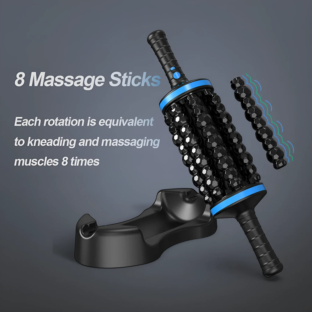 Muscle relaxation handheld electric massager with rollers for back, foot, and leg in blue, gray, and green