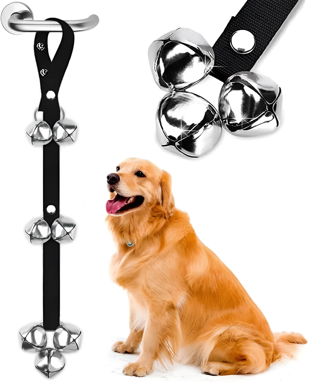 Adjustable dog training doorbell with seven large silver metal bells on a nylon strap.