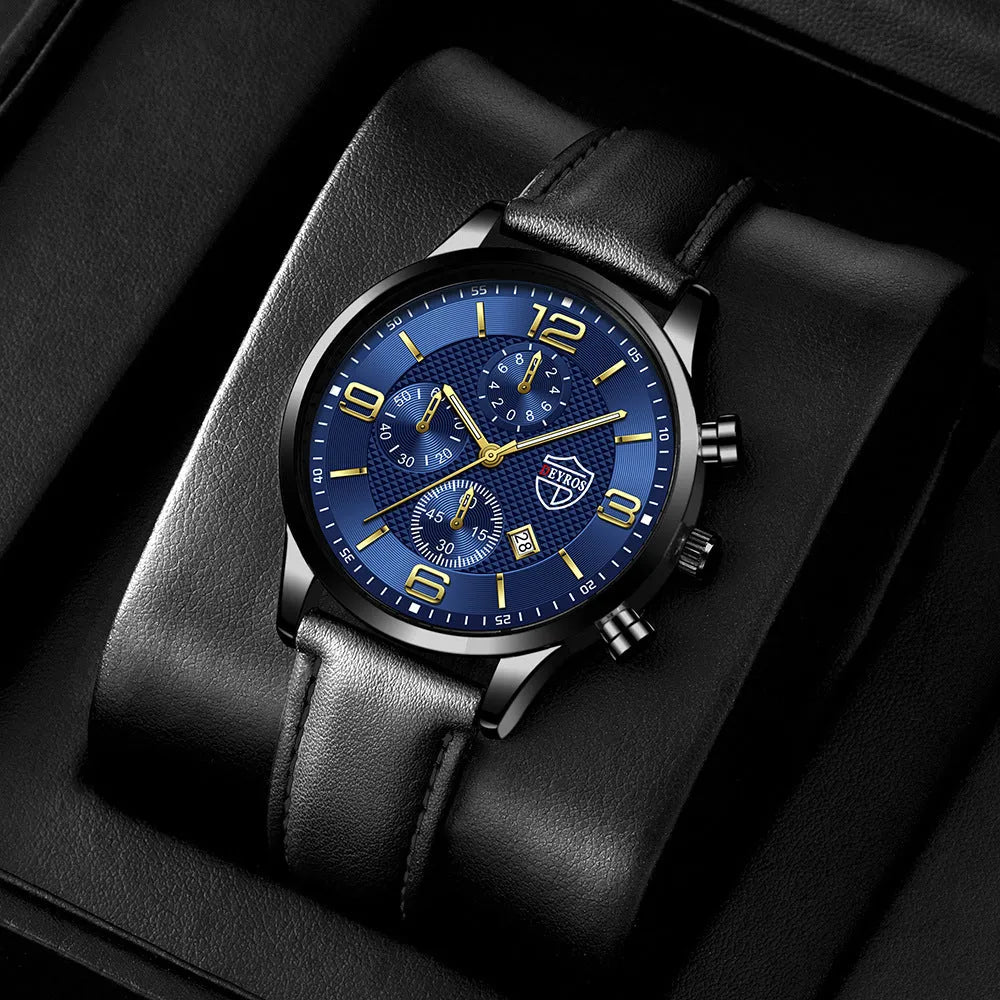 Men's calendar quartz watch with 42mm round alloy case, white dial, date window, and pin buckle on a black band