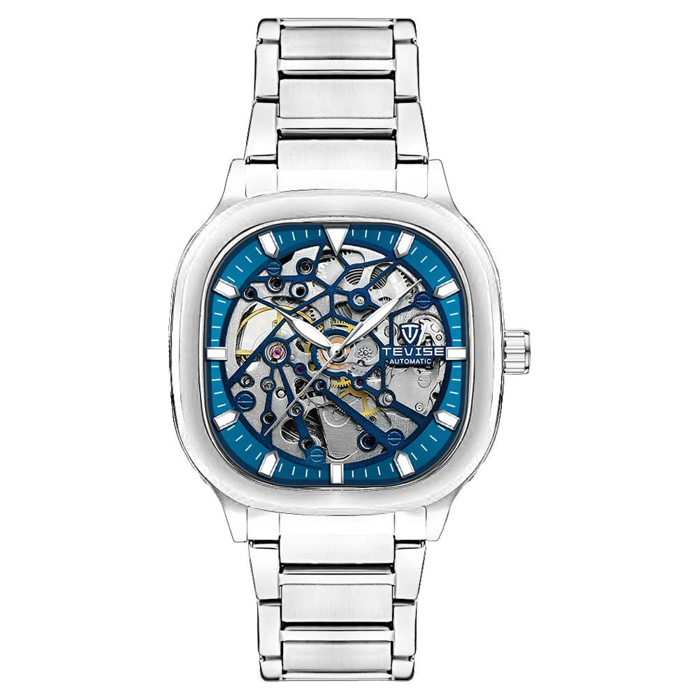 Men's automatic waterproof watch with square luminous dial and stainless steel strap