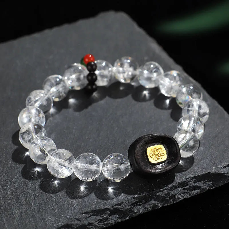 Natural white crystal ebony five warp handmade bracelet on neutral background