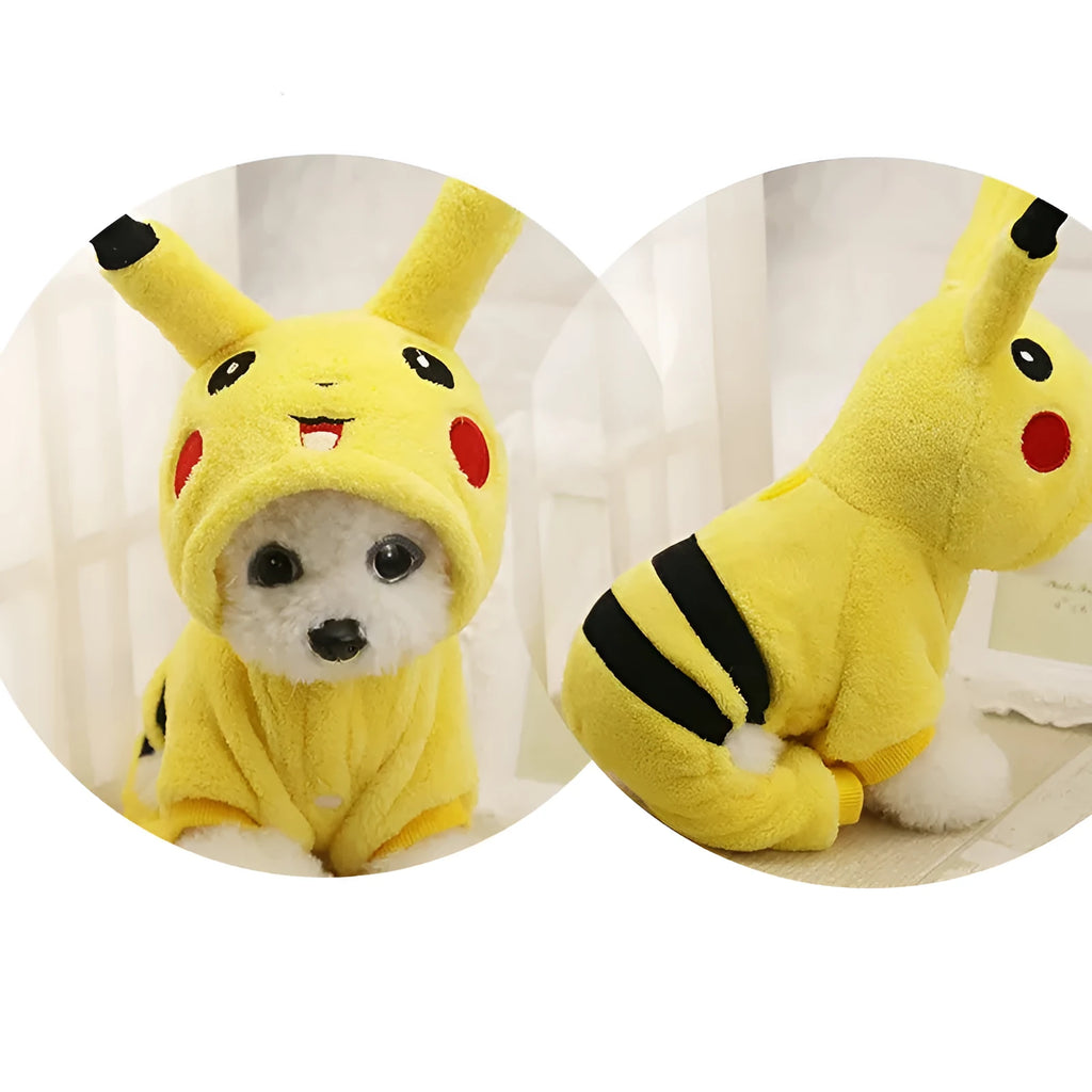 Fleece pet coat with hoodie for cat or dog in cartoon design, shown in size range XS to XXL.