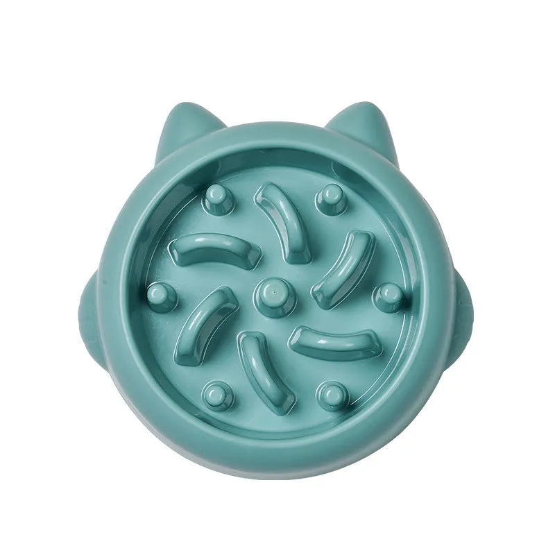 Green pet slow feeder bowl with bone-shaped ridges inside to slow down eating