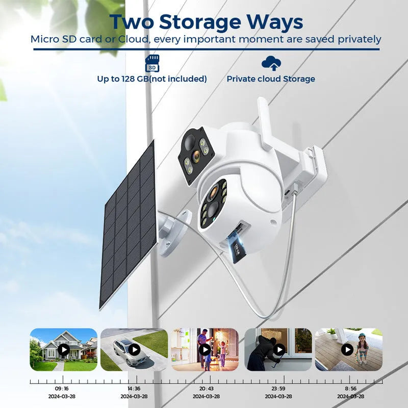 Black or white outdoor solar-powered wireless security camera with separate solar panel unit