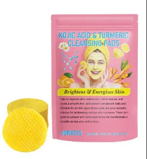 Yellow compressed turmeric cleansing pad with kojic acid, made of sponge material, for facial cleansing
