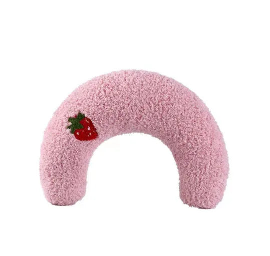 Small half-donut shaped plush pet pillow in blue, showing U-shaped design for cat or small dog neck support.