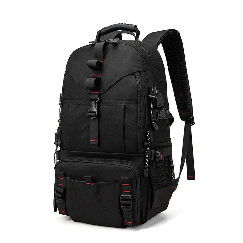 Men's large black waterproof Oxford cloth hiking backpack with padded straps and multiple compartments.