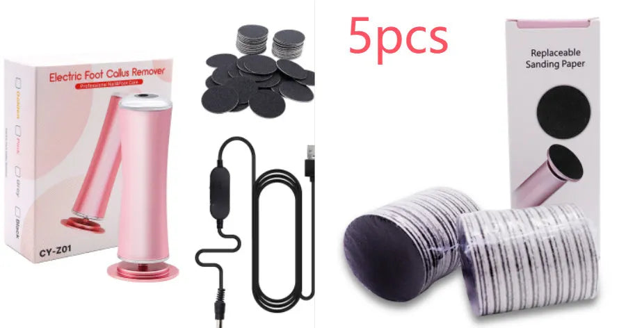 Electric foot callus remover with sandpaper disc attached for removing dead skin and calluses from heels