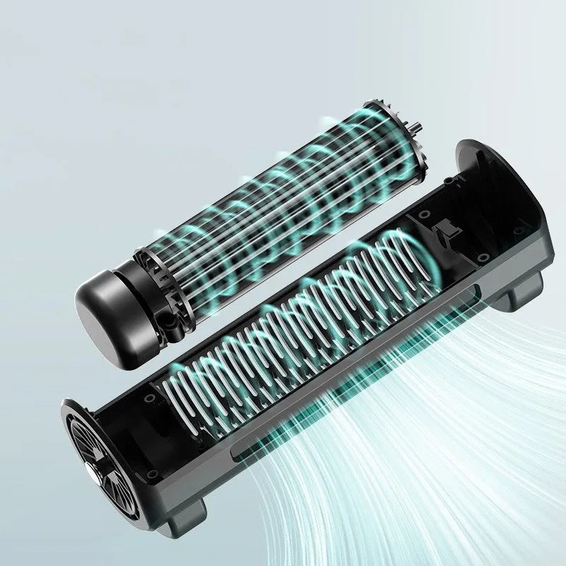 Bladeless car mounted fan in black colour showing USB power connection and compact 57mm width design