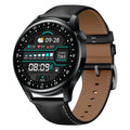Smart watch with 1.32-inch touchscreen display showing health metrics on leather wristband