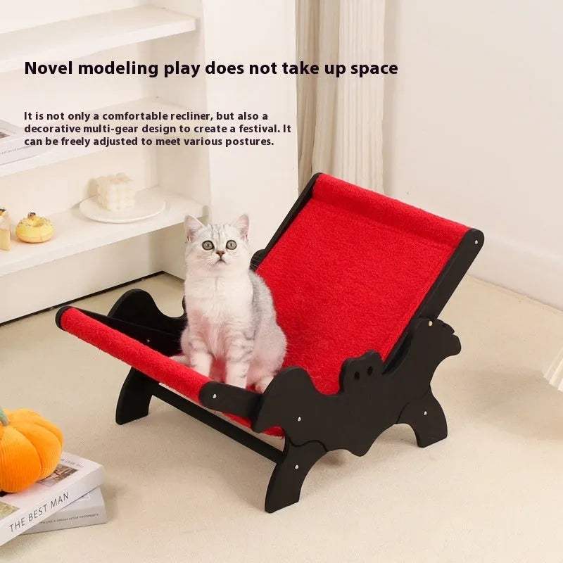 Black and red Halloween themed wooden cat recliner bed with cage enclosure.