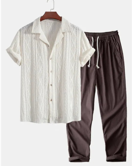 Men's slim fit camouflage print linen shirt and trousers casual set.