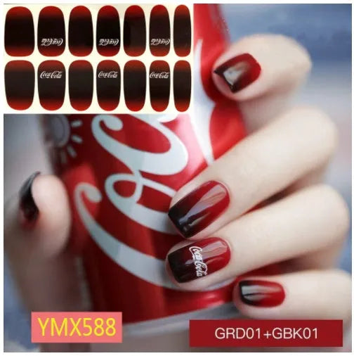 Full nail stickers set of 14 sheets showing 16 colour options in a flat lay arrangement