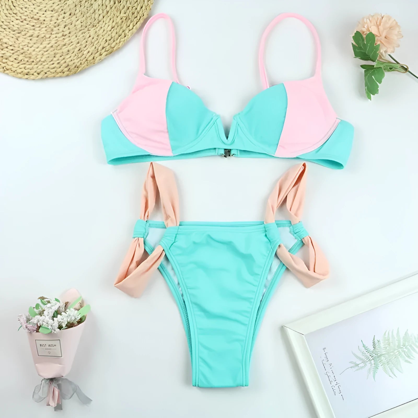Blue women's sexy V-neck halter bikini set with high waist briefs and ribbon stitching