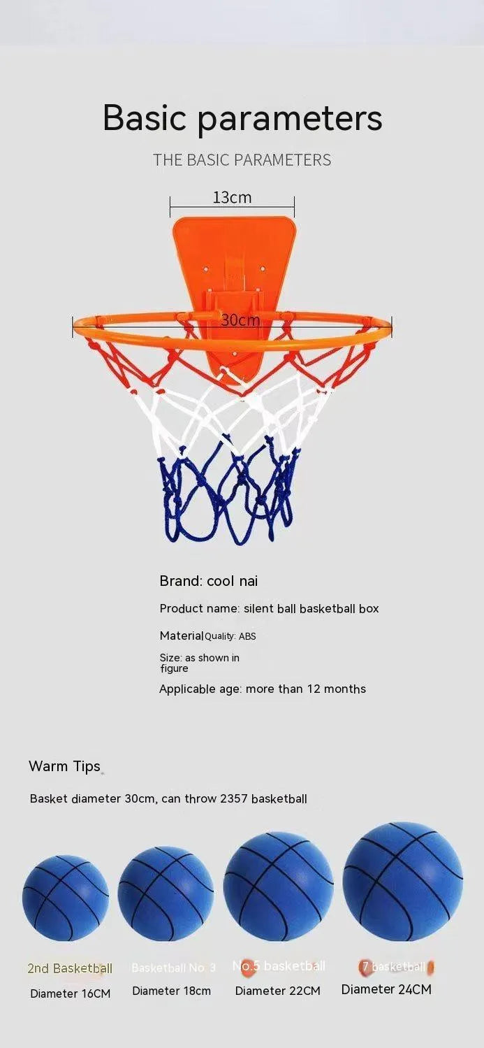 Assortment of bright coloured silent foam basketballs with a basketball frame on a neutral background