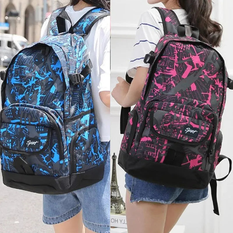 Blue and red large-capacity nylon backpack for school, travel, and outdoor activities.