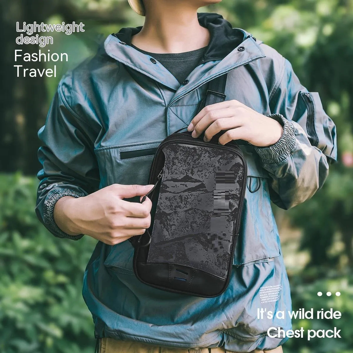 Casual black waterproof TPU chest bag with shoulder strap and internal phone pocket