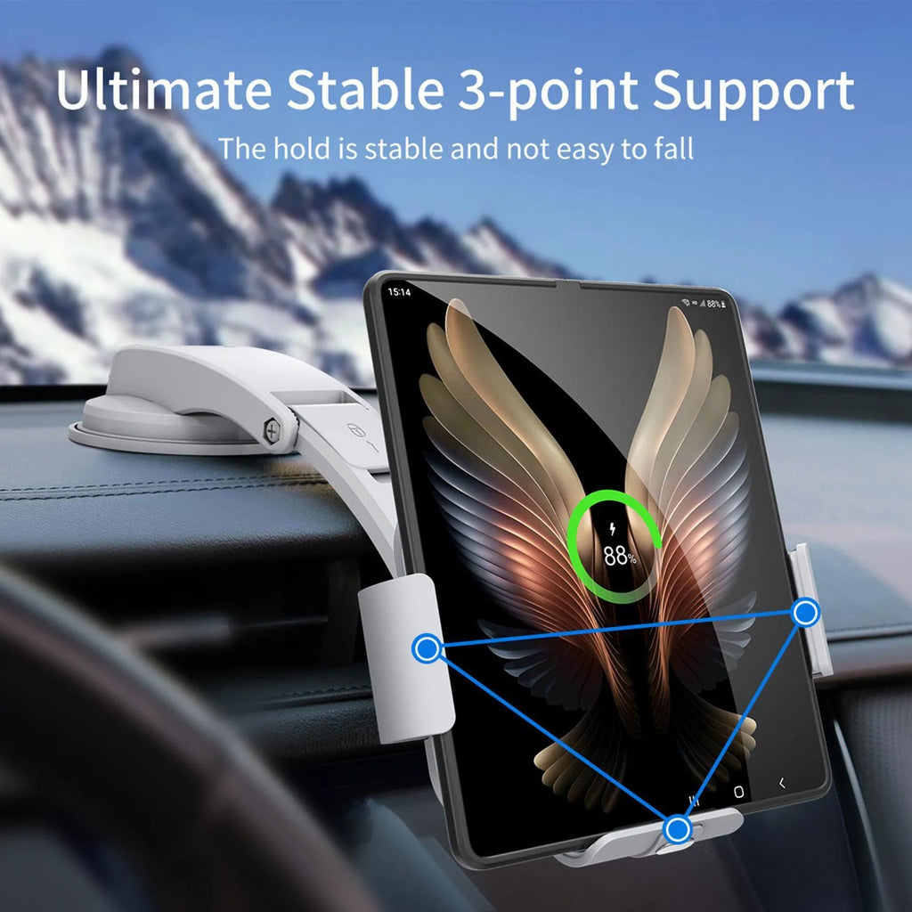 Grey and white wireless charging car phone holder with folding screen and both vent clip and suction cup mounting accessories