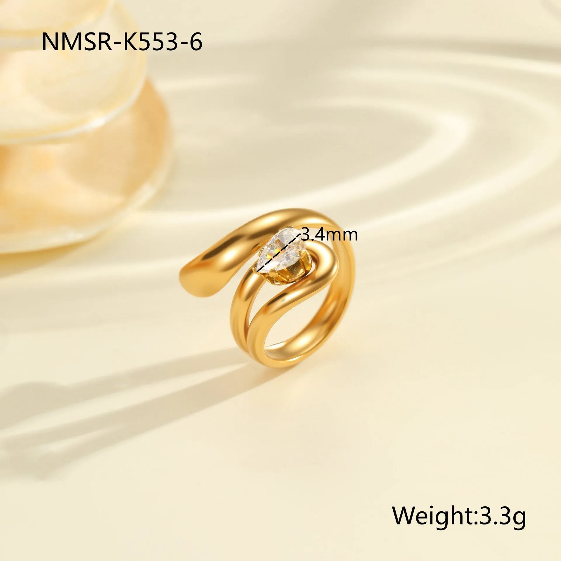 Adjustable geometric stainless steel ring showing open mouth design and colour variations
