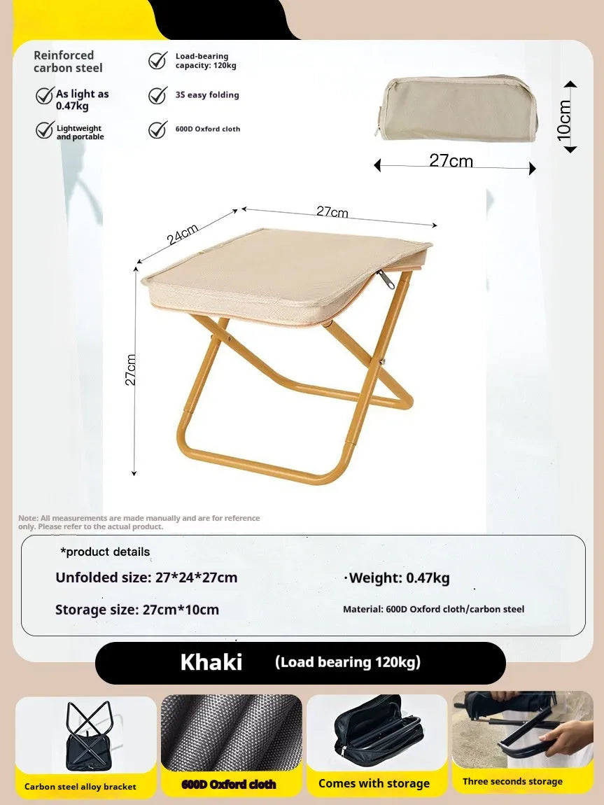 Lightweight foldable camp chair stool in Oxford fabric shown in a khaki colour.