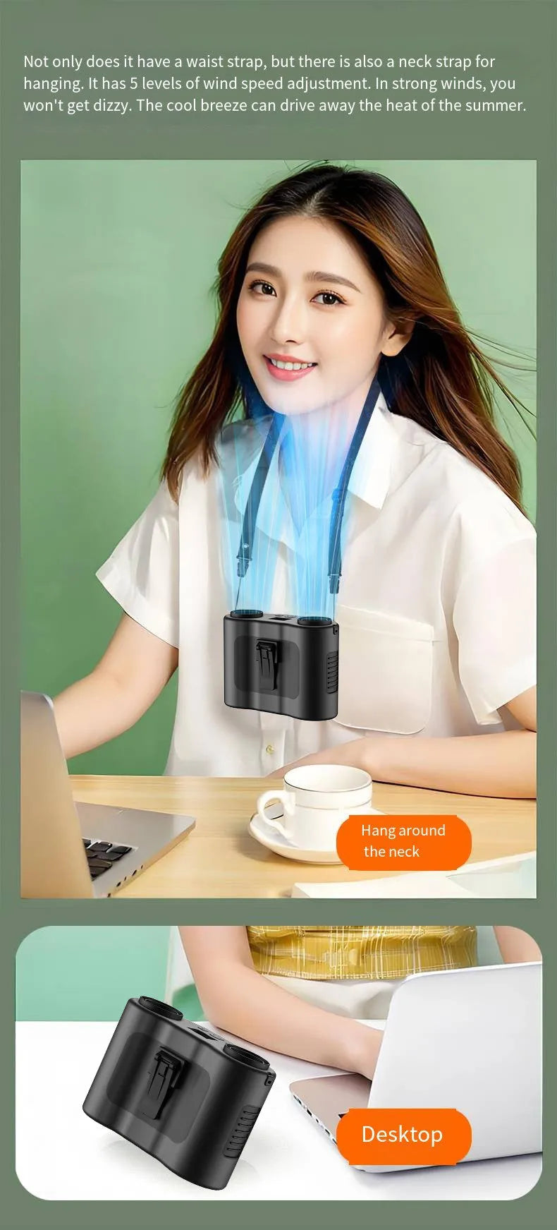 Black waist-hung portable fan with neck lanyard showing five wearing methods for outdoor use