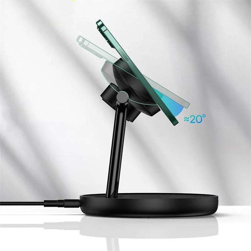 Baseus Swan three-in-one wireless magnetic charging stand in black on a desk