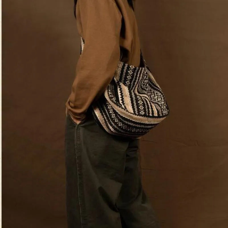 Vintage jacquard striped corduroy messenger bag with adjustable plaid shoulder strap