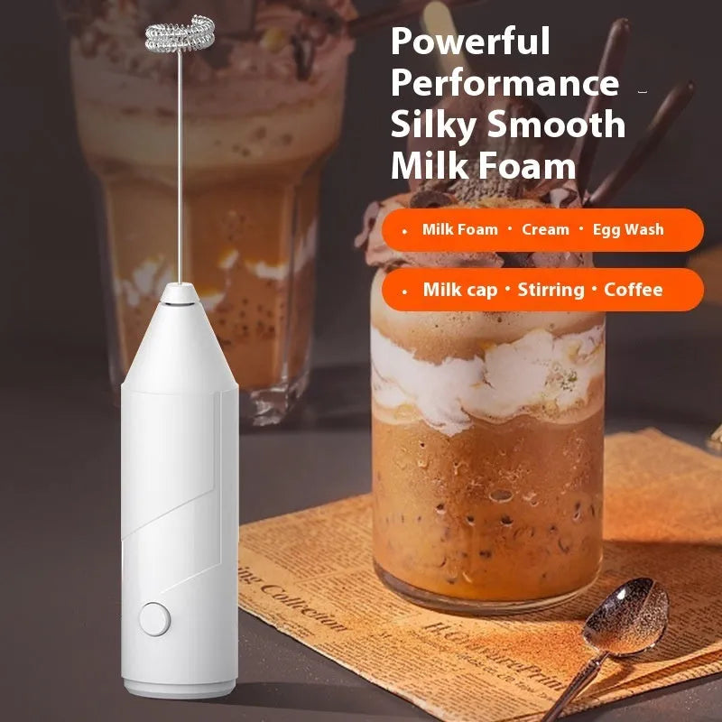 Mini handheld electric milk frother in black, white, or khaki colours with USB charging port