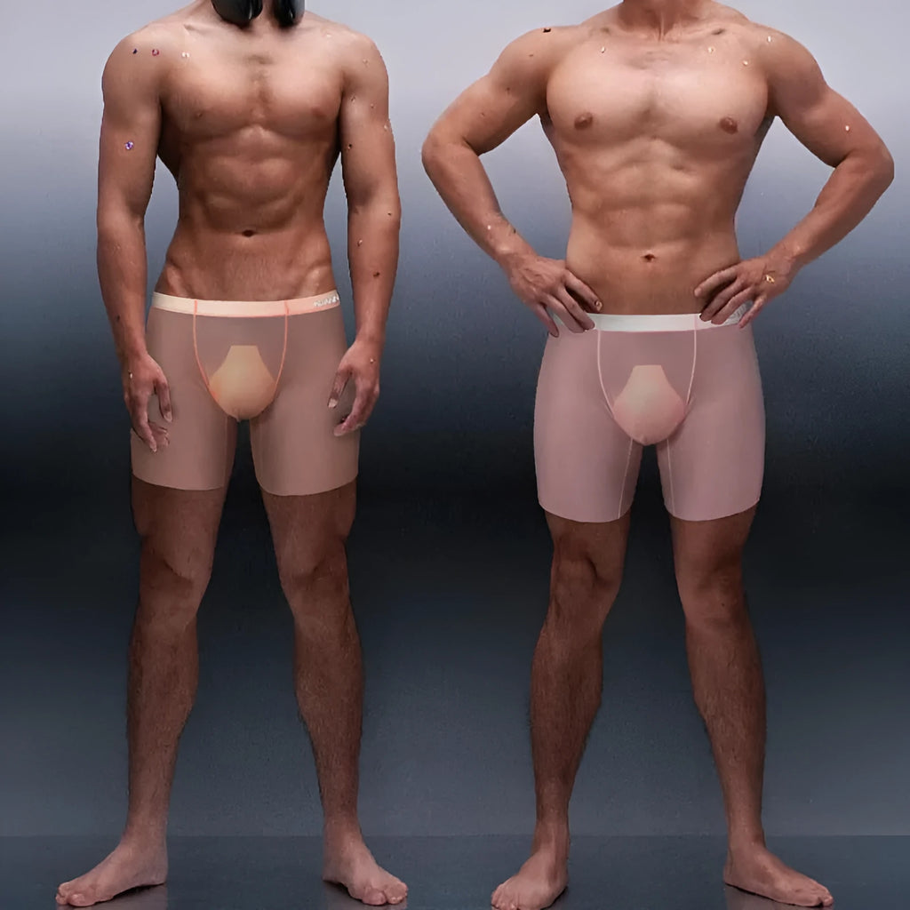 Men's orange seamless nylon boxer shorts with low waist and hip-lift design.