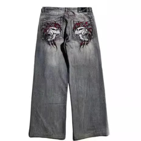 Men's grey washed-out jeans with retro workwear styling and straight-leg wide-leg cut