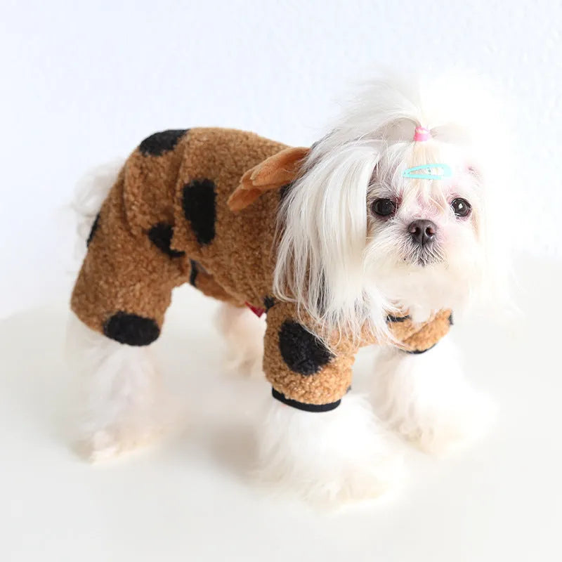 Dog or cat wearing polka dot clothing with an elk couple design, showing skirt and four-legs style options.