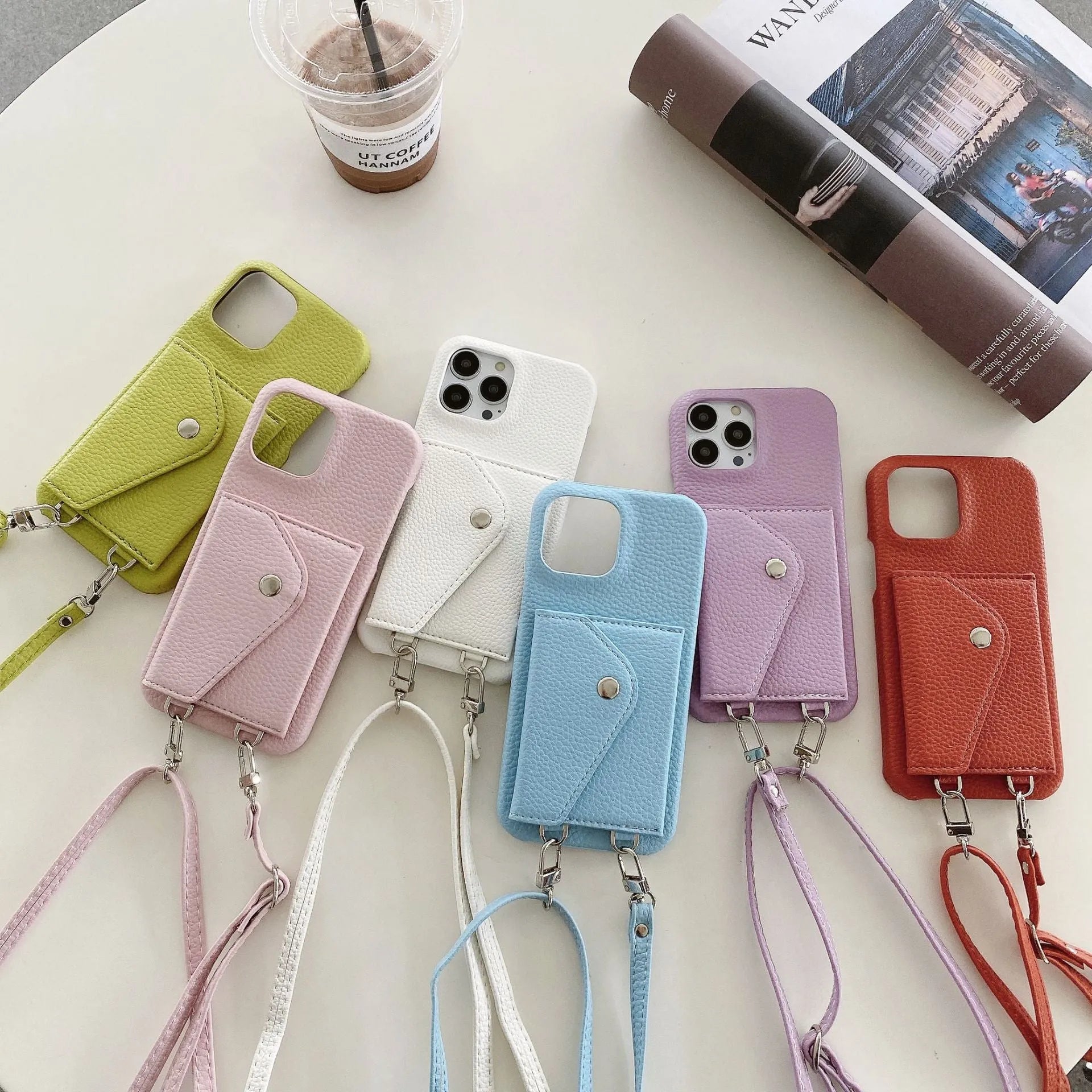 Lychee pattern triangle veil card holder crossbody phone case for iPhone 13 14 15 with lanyard, black colour