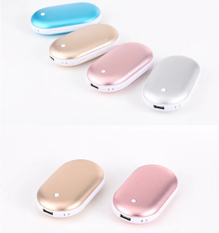 Compact rose gold USB rechargeable hand warmer and power bank with digital display, shown next to its charging cable.
