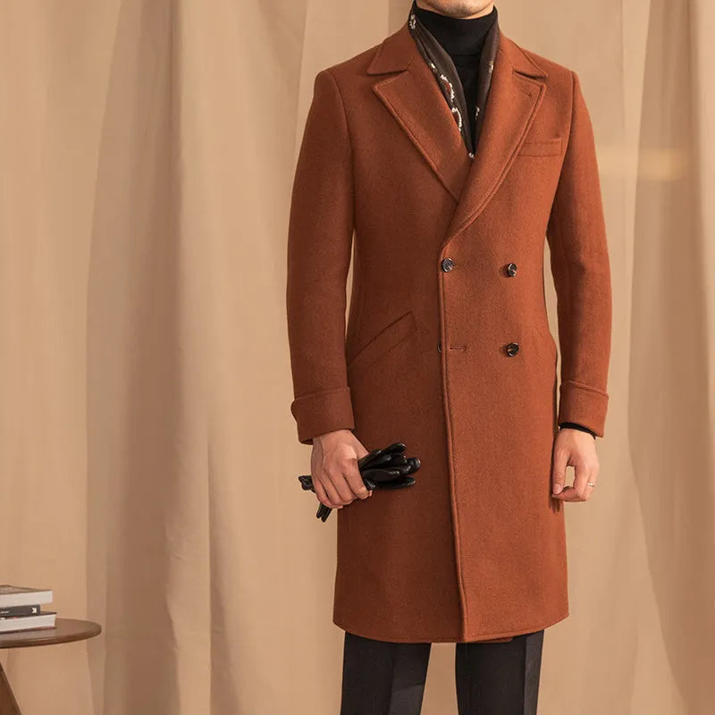 Double-breasted mid-length wool overcoat in caramel with suit collar, available in sizes M to 3XL