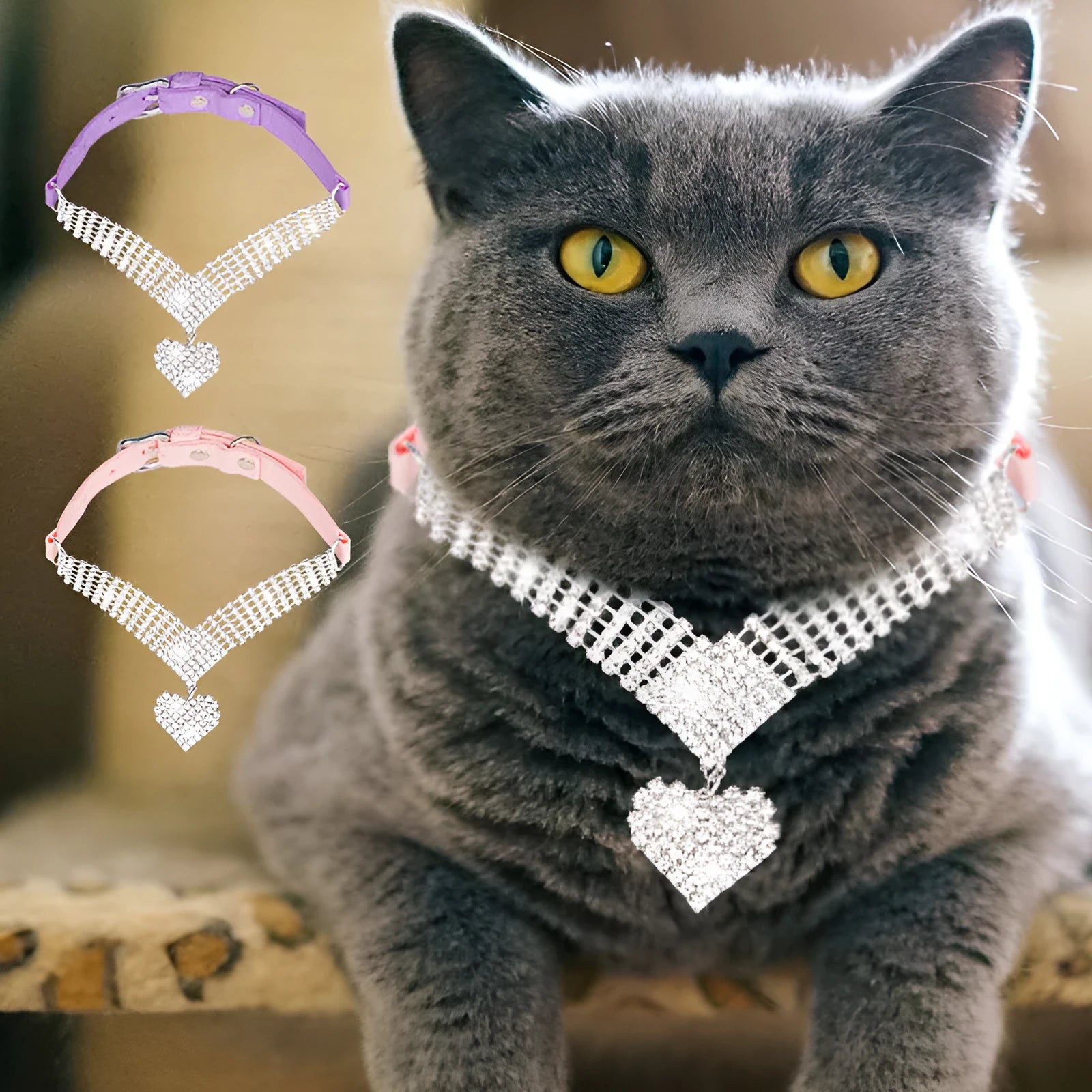 Pink suede cat collar with love-shaped rhinestone diamond, adjustable buckle, 37x1.5cm size